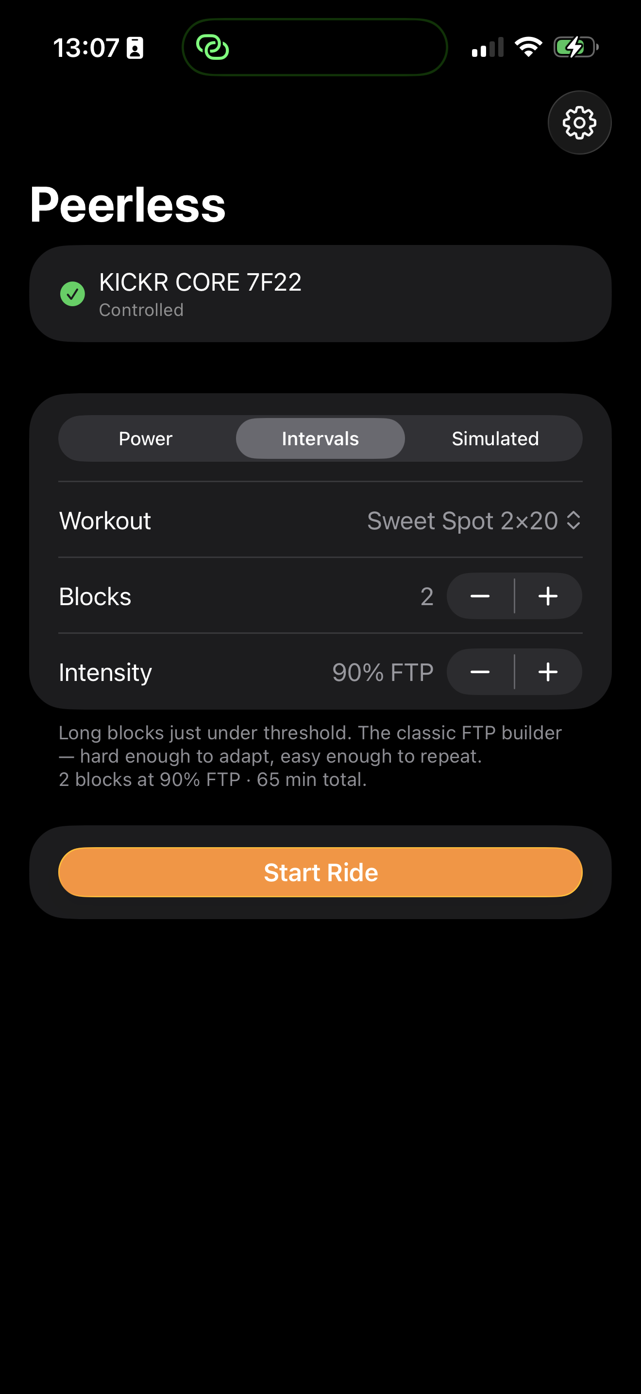 Peerless setup screen showing a connected KICKR CORE trainer and an Intervals workout, Sweet Spot 2×20, ready to start